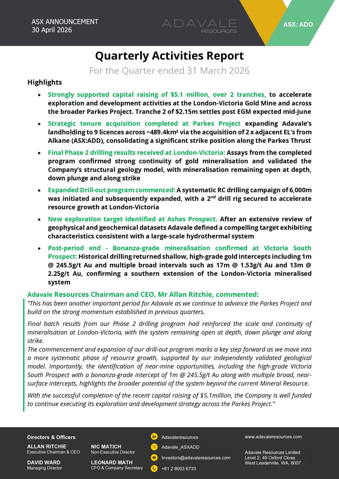 Quarterly Activities and Cashflow Report